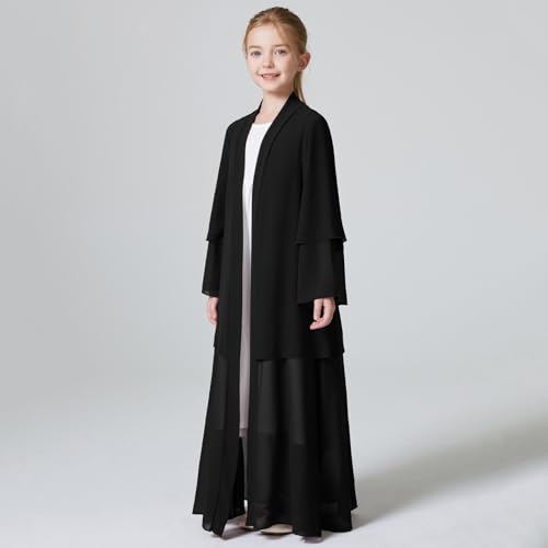 Kids Abaya Dress for Girls Muslim Dress with Hijab Chiffon Layered Open Front Cardigan Ramadan Eid Kaftans Dubai Outfit - color: Black, size: 4-5 Years