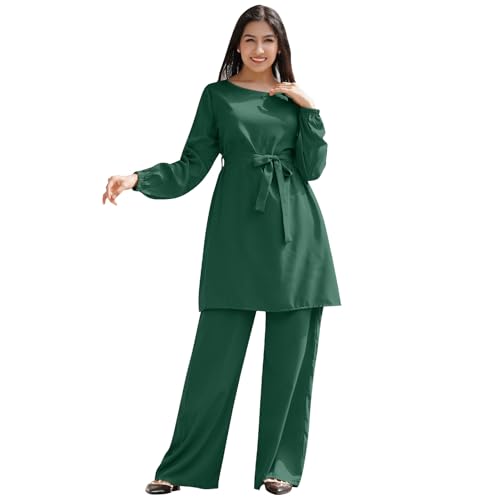 IWEMEK Abayas for Women Muslim Long Sleeve Loose Top Pants 2 Pcs Eid Ramadan Outfits Casual Islamic Muslim Clothes with Belt - color: Dark Green, size: Small