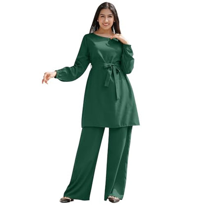 IWEMEK Abayas for Women Muslim Long Sleeve Loose Top Pants 2 Pcs Eid Ramadan Outfits Casual Islamic Muslim Clothes with Belt - color: Dark Green, size: XX-Large