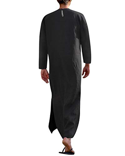 Jacansi Men's 65% Cotton 35% Linen Kaftan Thobe, Long Sleeve Casual Arabic Robe, Loose Long Gown with Pockets - color: Black #1, size: Large