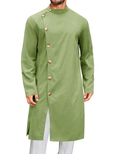 Runcati Mens Kaftan Thobe Button Down Long Sleeve Robe Casual Henley Shirt Cotton Muslim Gown Kurta Tops - color: Army Green, size: Large