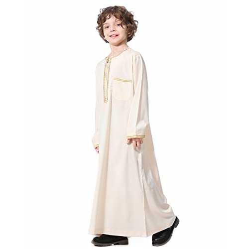 IDOPIP Muslim Boys Thobe for Kids Islamic Arabic Middle East Loose Kaftan Robes Long Zipper Prayer Thobes Dress with Pockets - color: Beige - Zipper, size: 7-8 Years