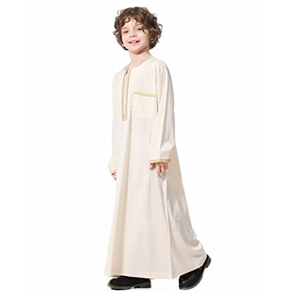 IDOPIP Muslim Boys Thobe for Kids Islamic Arabic Middle East Loose Kaftan Robes Long Zipper Prayer Thobes Dress with Pockets - color: Beige - Zipper, size: 7-8 Years