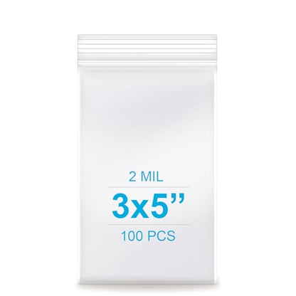 3''x 5'', (Pack of 100) 2 mil Thick Clear Plastic Reclosable Zip Poly Bags with Resealable Lock Seal Zipper for Photo, Jewelry, Bakery, Treats, Travel, Storage, Packaging & Shipping - size: 3" x 5"