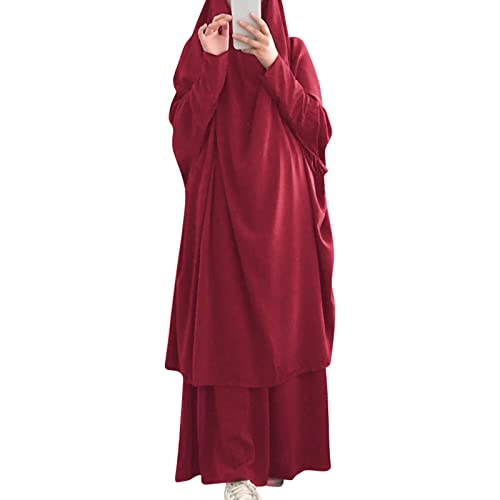 Prayer Clothes for Muslim Women Islamic Abaya Suit Maxi Skirt + Khimar Hijab 2pcss Burka Jilbab Kaftan - color: Wine Red