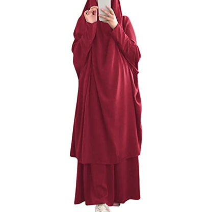 Prayer Clothes for Muslim Women Islamic Abaya Suit Maxi Skirt + Khimar Hijab 2pcss Burka Jilbab Kaftan - color: Wine Red