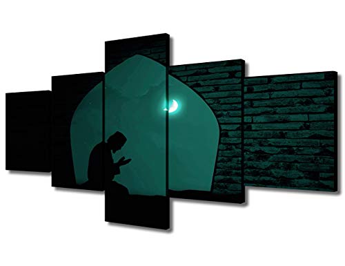 Islamic Islam Muslim Painting Canvas Prints Wall Art, 5 Piece Framed National Style Canvas Picture, Night Moon Painting Canvas Prints for Bedroom, Hall, Living Room - 50" W x 24" H - color: Artwork-15, size: 50 in x 24 in (W x H)