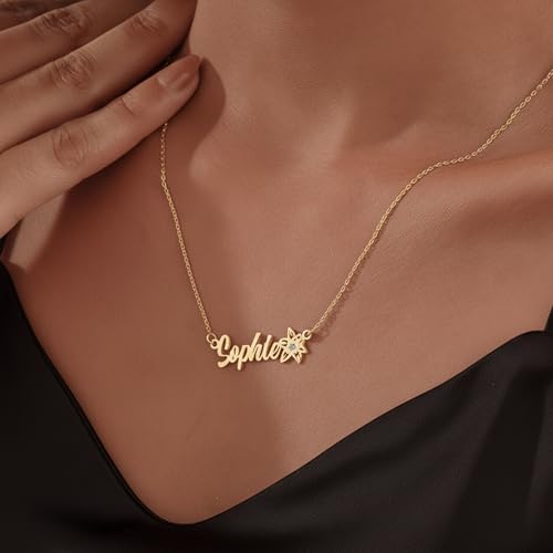 Elemtansy Custom Name Necklace with Birth Flower, Personalized Jewelry Necklaces for Women, 18K Gold Name Plate Necklaces Personalized Mothers Day Birthday Gifts for Women Sister Best Friend - color: 3-Name with Birth flower&Birthstone
