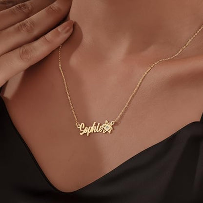 Elemtansy Custom Name Necklace with Birth Flower, Personalized Jewelry Necklaces for Women, 18K Gold Name Plate Necklaces Personalized Mothers Day Birthday Gifts for Women Sister Best Friend - color: 3-Name with Birth flower&Birthstone