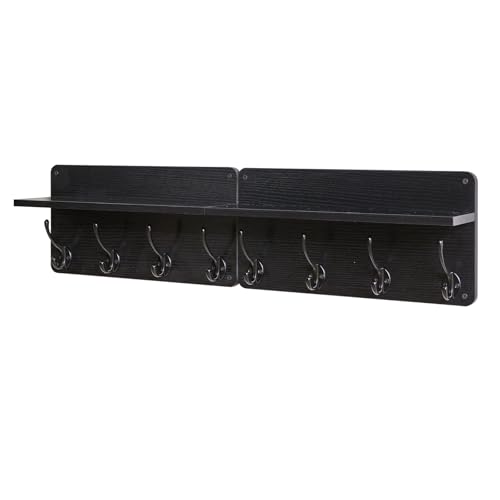 YMYNY 31.5" Coat Rack Wall Mount with Shelf and 8 Hooks, Black, HWS006B-2 | 2 Pack Coat Hooks Key Holder Wall Mount, Wood Wall Mounted Coat Rack with Wall Hooks for Hanging, Towel Hooks for Bathroom - color: Black