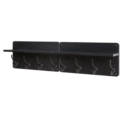 YMYNY 31.5" Coat Rack Wall Mount with Shelf and 8 Hooks, Black, HWS006B-2 | 2 Pack Coat Hooks Key Holder Wall Mount, Wood Wall Mounted Coat Rack with Wall Hooks for Hanging, Towel Hooks for Bathroom - color: Black