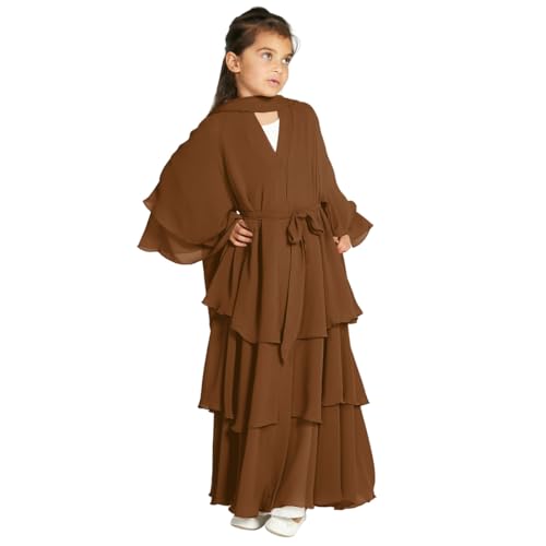 Kids Abayas Dress for Girls Muslim Dress with Hijab Chiffon Layered Islam Kaftan Robe Open Front Cardigan Prayer Dress - color: Coffee, size: 7-8 Years