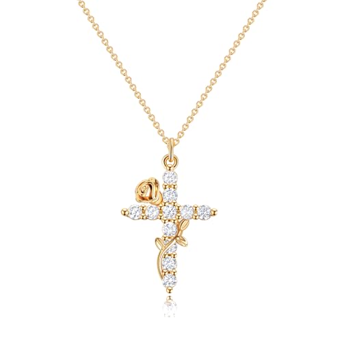 Robaice Upgraded Crown Cross Necklace for Women, 14K Gold Plated - color: C Flower Cross, Gold