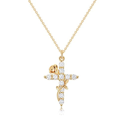 Robaice Upgraded Crown Cross Necklace for Women, 14K Gold Plated - color: C Flower Cross, Gold