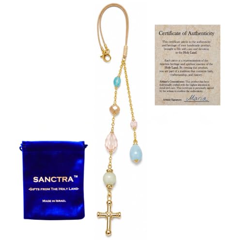 Christian Rearview Mirror Car Charm, Handmade and Blessed in the Holy Land, Sun Catcher for Faith and Protection with Gift Pouch and Certificate - color: Gold-Pastel