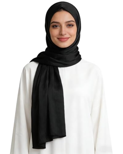 JUMISEE Silky Satin Hijab Scarf for Women Fashion Crinkle Crepe Instant Muslim Islamic Hijab Head Wrap Long Shawls - color: Black