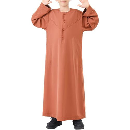 Kids Arabic Thobes for Boys Muslim Thobe Long Sleeve Kaftan Islamic Prayer Dress Kids Dubai Robe Burkas Ramadan Eid Outfit - color: Brown, size: 11-12 Years
