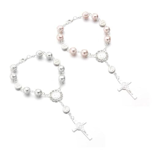 Ohleats Car Rosary for Rearview Mirror, Cross Blessing Pendant, Silver+Pink - color: Silver+Pink