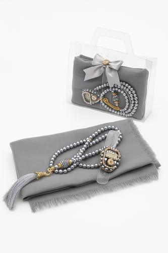 Premium Hijab Gift Set – 3-Piece Muslim Set with Chiffon Scarf, Prayer Beads (Tasbih) & Zikr Counter - color: Gray