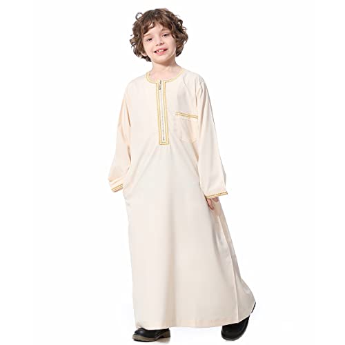 IBTOM CASTLE Robe for Boys Muslim Long Sleeve Thobe Abaya Saudi Arab Kaftan Islamic Zipper Arabic Dubai Dress With Pockets - color: Beige, size: 5-6 Years