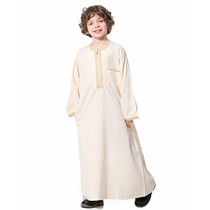 IBTOM CASTLE Robe for Boys Muslim Long Sleeve Thobe Abaya Saudi Arab Kaftan Islamic Zipper Arabic Dubai Dress With Pockets - color: Beige, size: 5-6 Years