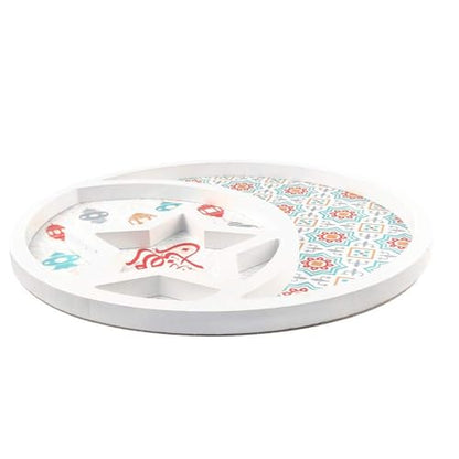 Ramadan Decorative Serving Tray, 11.8 inch Round Dessert Platter, Islamic Festival Moon Star Design, White
