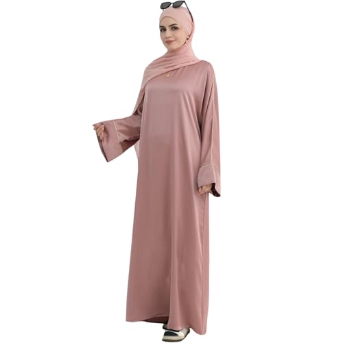 Muslim Praying Dress for Women Silk Glossy Back Zipper Robe Wear Gold Trim Modest Abaya Dress with Hijab - color: Pink, size: Large