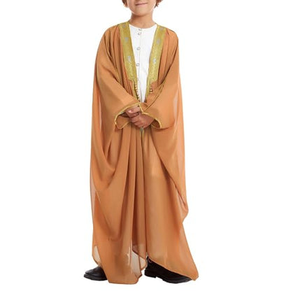 Toddler Boys Muslim Arabic Thobe Long Sleeve Embroidered Islamic Kaftan Teens Middle East Prayer Dress Ramadan Eid Clothes - color: Orange, size: 9-10 Years