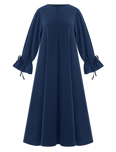 ODIZLI Women's Abaya Muslim Long Sleeve Tie Cuffs Prayer Dress Arabic Kaftan Dubai Turkey Islamic Dresses - color: Dark Blue, size: Small