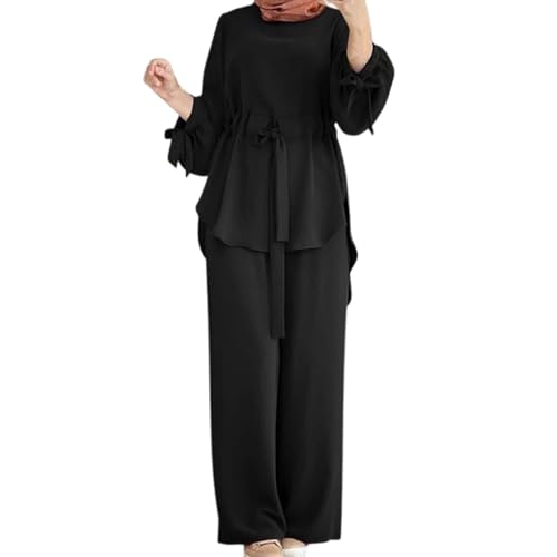 Muslim Outfits for Women Drawstring Waist Lantern Muslim Sleeve Top with Wide Leg Trousers Two Piece Set - size: Large