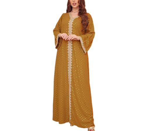 FPOVFPO Women's Muslim Abaya One-Piece V Neck Bronzing Dress Islamic Full Length Kaftan Daily Casual - color: Brown, size: Small