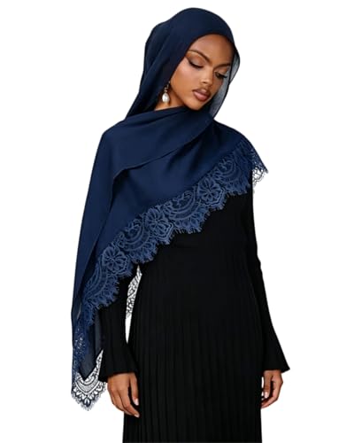 JUMISEE Elegant Floral Lace Hijab Scarf for Women Soft Cotton Head Wrap Instant Hijab Long Scarves Evening Dress Shawl - color: Dark Blue