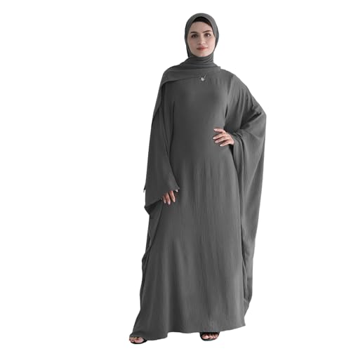 Abaya 무슬림 여성용 드레스 배트윙 슬리브 루즈핏 맥시 겸손한 이슬람 의류 히잡 스카프 포함 기도 드레스 - color: 다크 그레이.