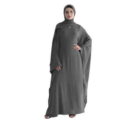 Abaya 무슬림 여성용 드레스 배트윙 슬리브 루즈핏 맥시 겸손한 이슬람 의류 히잡 스카프 포함 기도 드레스 - color: 다크 그레이.