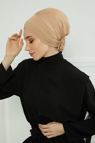 Aisha's Design Instant Turban Head Wraps for Women, Combed Cotton Scarf Lightweight Pre tied Hijab with Back Rose Detail - color: Sand Brown