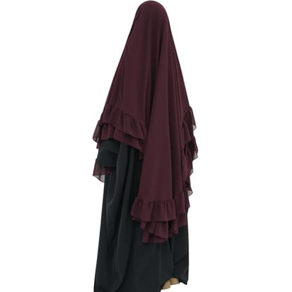 khalat Women's Hijab Chiffon Hijab for Women Muslim 2 Layers Ruffle Lightweight Large Hijab - color: Wine Red