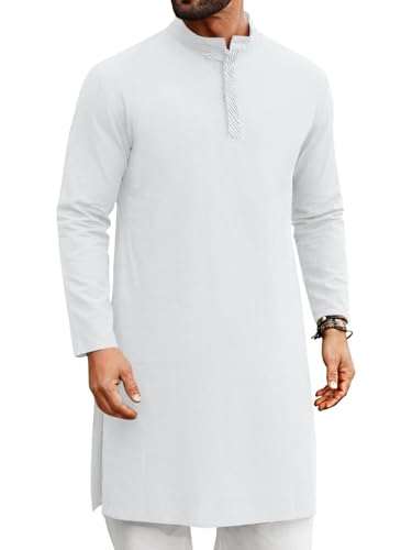 Runcati Mens Kaftan Thobe Button Down Henley Shirts Long Sleeve Kurta - color: White, size: Medium