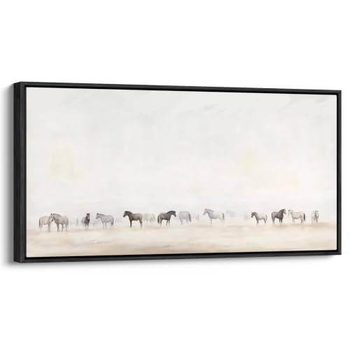 wall26 Extra Large Framed Wall Art Canvas Print - Neutral Watercolor Wild Horses Prairie - Contemporary Artwork for Living Room Bedroom Office - 60"x30" Black - color: A10-2608-M25, size: 60"L x 30"W, style: Black Frame