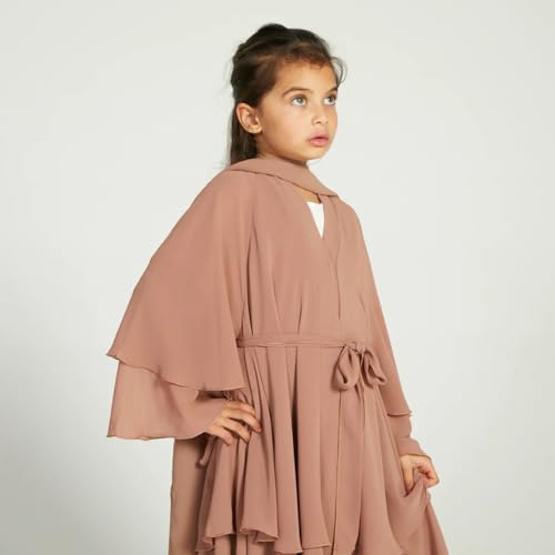 IDOPIP Muslim Girls Abayas Dress for Kids Long Sleeve Chiffon Islamic Kaftan Robe Open Front Cardigan Prayer Dress with Hijab - color: Light Brown, size: 3-4T