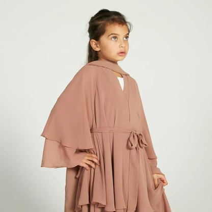 IDOPIP Muslim Girls Abayas Dress for Kids Long Sleeve Chiffon Islamic Kaftan Robe Open Front Cardigan Prayer Dress with Hijab - color: Light Brown, size: 3-4T