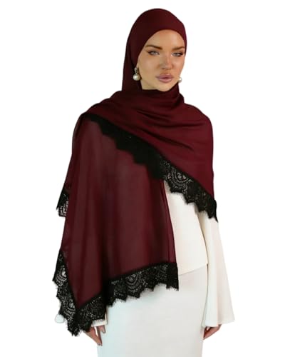 JUMISEE Elegant Floral Lace Hijab Scarf for Women Soft Cotton Head Wrap Instant Hijab Long Scarves Evening Dress Shawl - color: Burgundy With Black Lace Trim