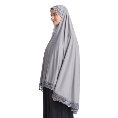 Muslim Women's Instant Big Hijab Jersey Turbans Khimar Abaya Soft Prayer Scarf, 1pc Lace - color: Grey, size: Large