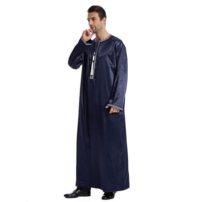 Men's Islamic Arab Kaftans Robe for Eid, Dubai Ramadan Daily Clothes - Muslim Thobe Shirt - color: B Navy, size: X-Large