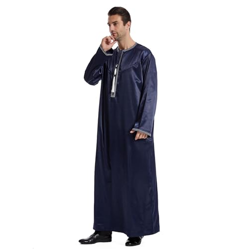 Men's Islamic Arab Kaftans Robe for Eid, Dubai Ramadan Daily Clothes - Muslim Thobe Shirt - color: B Navy, size: 3X-Large