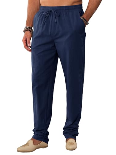 Runcati Mens Kaftan Thobe Pants Cotton Casual Elastic Waist Drawstring Muslim Trousers Summer Yoga Kurta Pants with Pockets - color: Navy, size: Medium