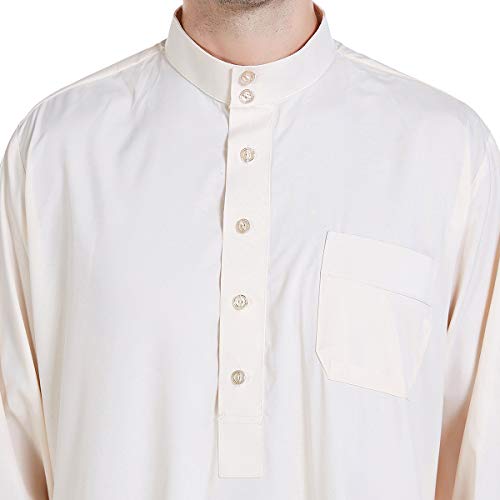 Men Arabic Long Sleeve Pure Color Thobe Crew Stand Collar Kaftan Robe with Button - color: Beige, size: Medium