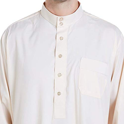 Men Arabic Long Sleeve Pure Color Thobe Crew Stand Collar Kaftan Robe with Button - color: Beige, size: Medium