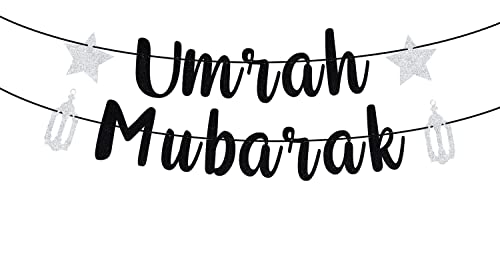 Black Glitter Umrah Mubarak Banner, Eid Mubarak/Happy Eid/Ramadan Kareem, Muslim Ramadan Party Decorations Supplies