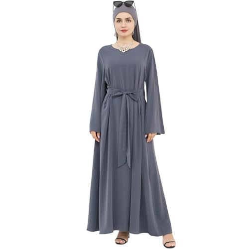 khalat Muslim Abaya Dress Women Solid Color Modest Prayer Robe Islamic Dubai Long Sleeve Lightweight Maxi Dress - color: Gray, size: Small