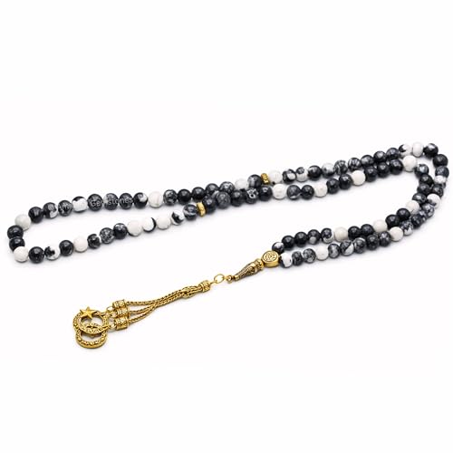 Amazing Gemstone Crystal Tasbeeh with Moon and Star Charm - Certified Crystal Muslim Prayer Beads Natural Gemstone Tasbih Gift for Ramadan Dhikr and Daily Namaz (G) - color: Black and White Jasper